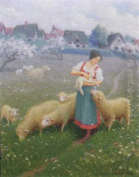 Shepherdess With Flock In Spring Landscape - view 1