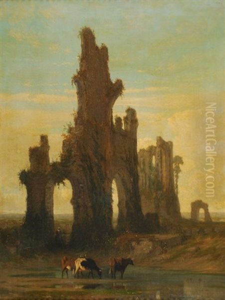 Bergere Et Troupeau Dans Un Paysage Italianisant Avec Ruines - view 1