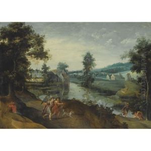 A Wooded Landscape With Scenes From The Story Of Tobias And The Angel by Claes Dircksz van der Heck