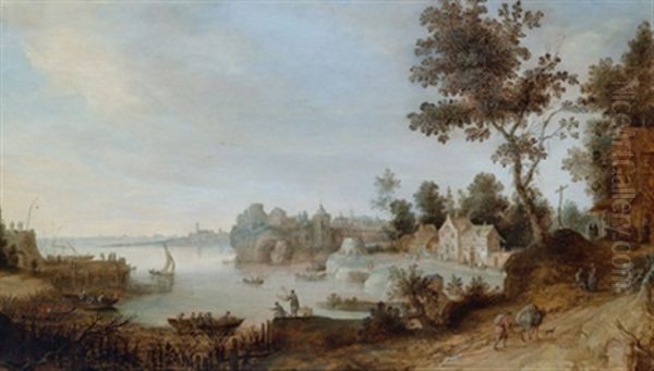 Eine Belebte Flusslandschaft Mit Einem Stadtchen Im Hintergrund, Im Vordergrund Reisende Auf Einem Pfad - view 1