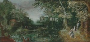 A Wooded Landscape With Huntsmen In The Foreground, A Town Beyond by Claes Dircksz van der Heck