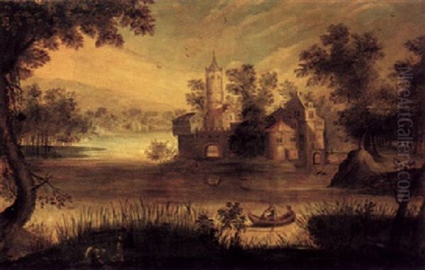 A River Landscape With Figures In A Boat And Castle Beyond - view 1