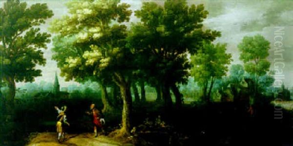 A Wooded Landscape With Peasants, A Village Church Beyond - view 1