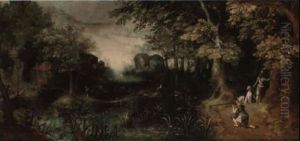 A Wooded River Landscape With A Hunting Party A Wooded River Landscape With A Hunting Party