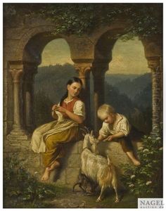 Hirtenidyll Mit Zwei Kindern Und Ziegen An Einer Ruine by Wilhelm Emil Robert Heck