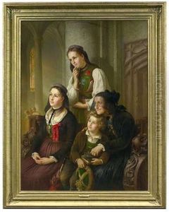 Schwabische Landleute In Betzinger Tracht Andachtig In Einer Kirche by Wilhelm Emil Robert Heck