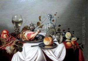 Nature Morte A La Tazza, Pichet De Gres, Jambon, Romer, Pommes, Raisin Et Pain Sur Une Assiette En Etain by Jan van den Hecke the Elder