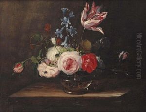 Roses, A Tulip, And Bluebells In A Glass Vase, On A Wooden Ledge by Jan van den Hecke the Elder