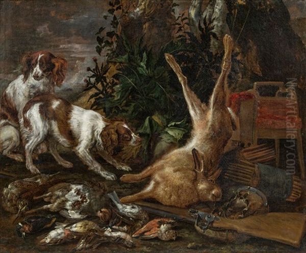 Die Jagdbeute - Stillleben Mit Zwei Jagdhunden, Vogeln Und Einem Hasen - view 1