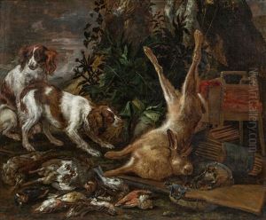Die Jagdbeute - Stillleben Mit Zwei Jagdhunden, Vogeln Und Einem Hasen by Jan van den Hecke the Elder