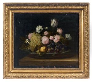 Coupe De Fleurs Et Fruits Posee Sur Un Entablement by Jan van den Hecke the Elder