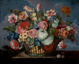 Still Life With A Basket Of Flowers by Jan van den Hecke the Elder