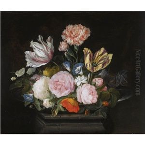 A Still Life Of Parrot Tulips, Roses, Carnations, Morning Glory And Other Flowers In A Silver Dish On A Stone Pedestal