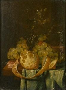 A Still Life With Grapes, A Peeled Lemon And A Glass Of Wine On A Partially-draped Table