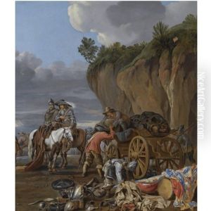 Soldiers Loading A Wagon, A Soldier And A Cavalier Halting On Their Horses To The Left Soldiers Loading A Wagon, A Soldier And A Cavalier Halting On Their Horses To The Left