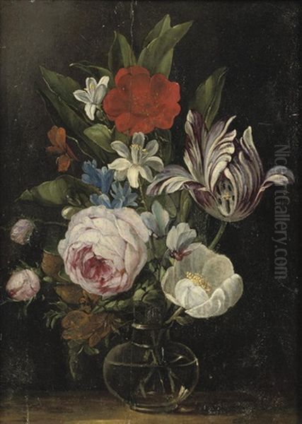 Roses, A Tulip And Other Flowers In A Glass Vase - view 1