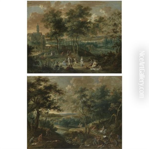 Elegant Figures Picnicking And Making Music In A Park Landscape, A Castle Beyond (+ A Wooded River Landscape With A Hunting Party, A Hound Attacking A Bull; Pair) - view 1