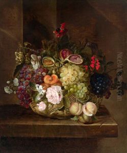 Rosen, Weintrauben, Feigen, Johannisbeeren Und Brombeeren In Einem Korb by Jan van den Hecke the Elder