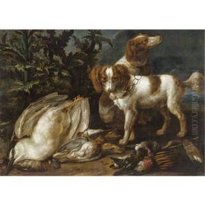 Still Life With Two Spaniels Together With Various Game And Songbirds by Jan van den Hecke the Elder