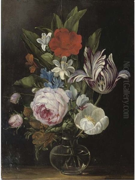 Roses, A Tulip And Other Flowers In A Glass Vase - view 1