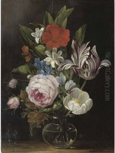 Roses, A Tulip And Other Flowers In A Glass Vase by Jan van den Hecke the Elder