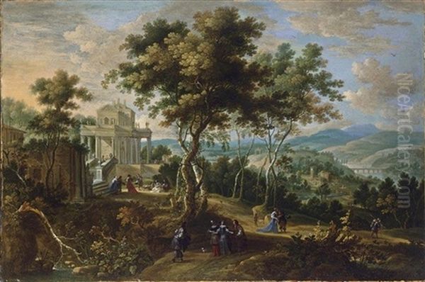 A Panoramic Classical Landscape With Elegant Figures Strolling And Resting Near A Palace, A View Of A River Beyond - view 1