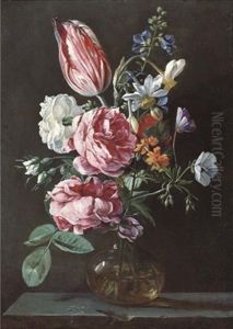 Roses, A Parrot Tulip, Narcissi And Other Flowers In A Glass Vase On A Stone Ledge by Jan van den Hecke the Elder