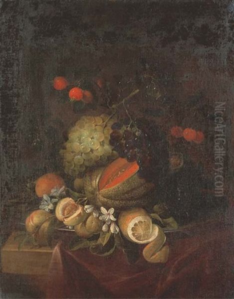 Peches, Cerises, Melon, Raisins Et Citron Sur Un Entablement Drape - view 1