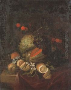 Peches, Cerises, Melon, Raisins Et Citron Sur Un Entablement Drape