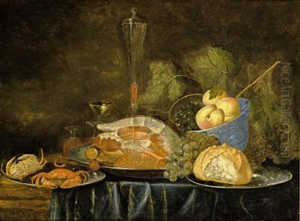 A Still Life With A Ham, A Bun, Crabs On Pewter Plates, Peaches In A Blue And White Bowl And Wine Glasses Together With Grapes, All On A Draped Table - view 1