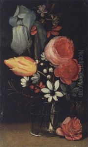A Still Life With An Iris, Roses, A Tulip And Various Other Flowers Together In A Glass Vase by Jan van den Hecke the Elder