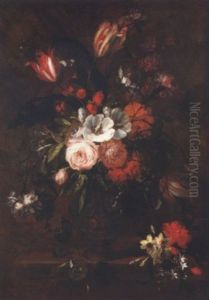 Roses, Carnations, Tulips, Narcissi And Other Flowers In An Earthenware Vase On A Table Top