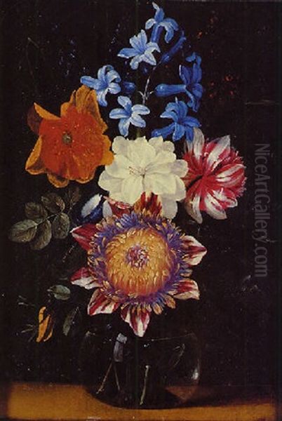 A Chrysanthemum, A Hyacinth, A Poppy And Other Flowers In A Glass Vase - view 1