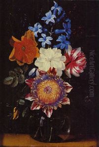 A Chrysanthemum, A Hyacinth, A Poppy And Other Flowers In A Glass Vase by Jan van den Hecke the Elder