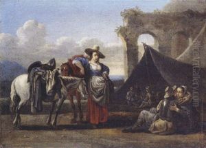 A Procuress And A Couple Near An Encampment, In An Italianate Landscape