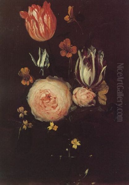 A Still Of Roses, Tulips And Other Flowers In A Glass Vase On A Table - view 1