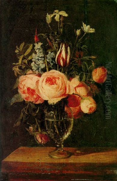 Still Life Of Roses, A Tulip And Other Flowers In A Glass Vase - view 1