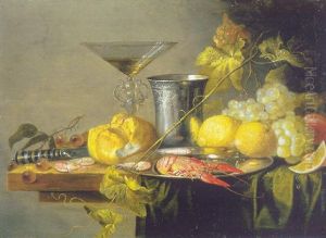 Crayfish And Prawns On A Pewter Plate, A Beaker, Wineglass, Roll, Knife, Lemons, Grapes And Other Fruit On A Partially Draped Table by Jan van den Hecke the Elder