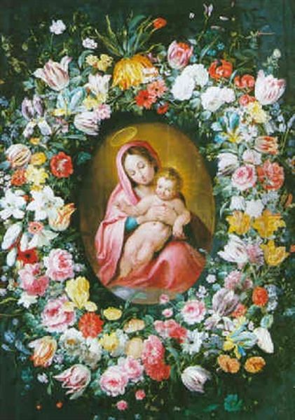 Guirlandes De Tulipes, Iris Et Roses Entourant La Vierge A L'enfant - view 1