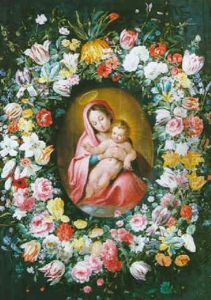 Guirlandes De Tulipes, Iris Et Roses Entourant La Vierge A L'enfant by Jan van den Hecke the Elder