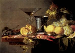 Crayfish And Prawns In A Pewter Plate, A Beaker, A Wineglass, A Roll, A Knife And Fruit On A Partly Draped Table by Jan van den Hecke the Elder