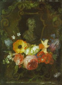 A Swag Of Roses, Narcissus And Other Flowers Decorating A Stone Cartouche Inset With A Bust Of A Woman