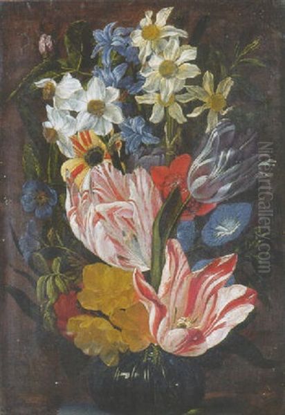 Tulips, Roses, Anemones And Others Flowers In A Glass Vase On A Stone Ledge - view 1