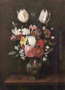 Still Life Of Flowers In A Vase On A Wooden Table With Bee, Butterfly, Snail And Frog