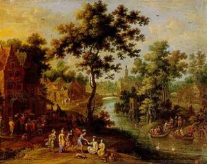 Extensive Landscape With Figures And A Village By The Banks Of A River by Jan van den Hecke the Elder