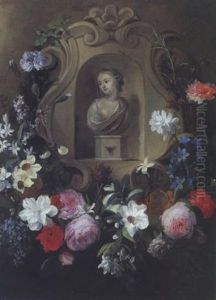 Steinnische Mit Weiblicher Buste Umrankt Von Rosen, Narzissen, Nelken Und Anderen Blumen Steinnische Mit Weiblicher Buste Umrankt Von Rosen, Narzissen, Nelken Und Anderen Blumen