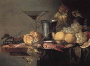 Crayfish And Prawns On A Pewter Plate, A Beaker, Glass And Fruit On A Table by Jan van den Hecke the Elder
