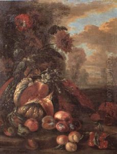 Park Landscape With Still Life Of A Melon And Other Fruit And Flowers by Jan van den Hecke the Elder