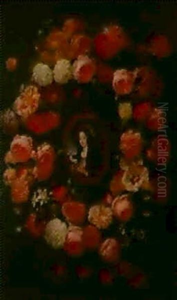 Blumenstilleben In Der Art Eines Rosenkranzes Um Ein Oktogonales Mittelmedailon Mit Einer Lesenden Maria - view 1