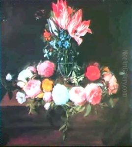 Tulips, Bluebells And A Nasturtium In A Glass Vase          Surrounded By A Garland Of Roses With A Red Admiral, More